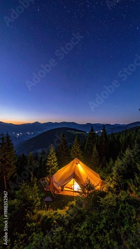 Illuminated camping tent in a deep forest at night under a starry sky, adventure travel, wilderness escape, outdoor relaxation, mountain solitude