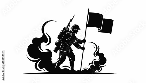 Soldier Holding Flag Silhouette, Military Hero and World War Veteran Vector Illustration for Patriotic Memorial and Army Design