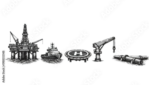 Offshore Oil Rig and Gas Industry Icon Set, Hand Drawn Vintage Sketch Vector of Industrial Marine Equipment