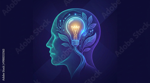 Artificial Intelligence and Creative Thinking Concept with Human Head and Glowing Lightbulb