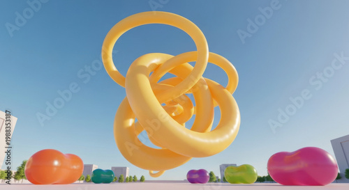 Colossal Al Dente Spaghetti Strand Knotted into Absurd Floating Sculpture in Urban Park, Worm's Eye View