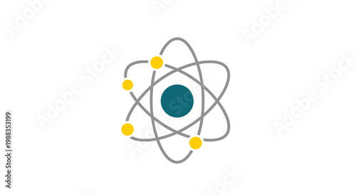 Stylized atomic structure graphic on white background representing scientific concepts