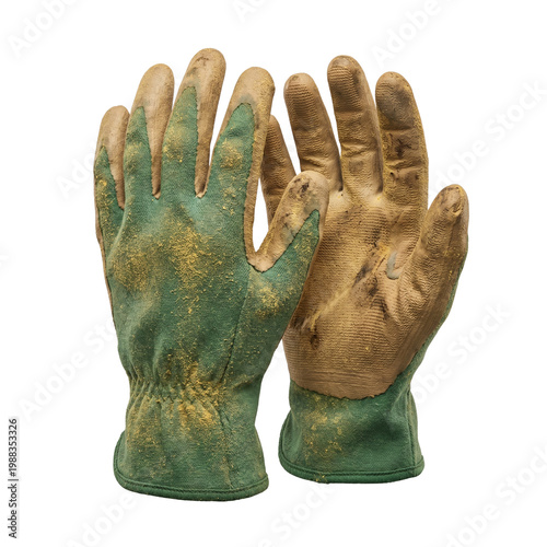 Pair of dirty used gardening gloves isolated on white background