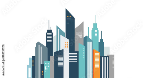 Stylized urban cityscape vector illustration featuring modern architecture and tall buildings
