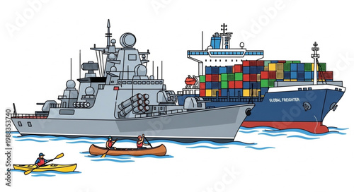 Naval Destroyer and Cargo Ship Illustration with Kayakers.