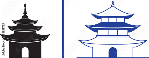 Traditional Asian pagoda vector icons in silhouette and outline styles for travel and cultural design