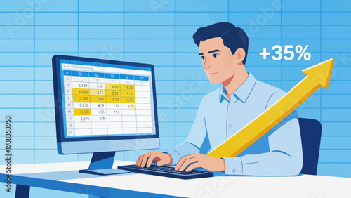 Man working on spreadsheet with growth arrow