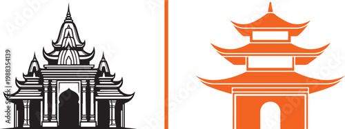 Asian temple and pagoda vector illustration icons for travel and tourism branding