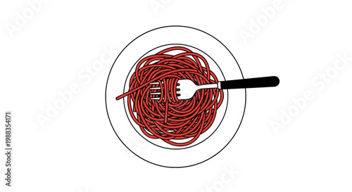 Minimalist illustration of spaghetti served on a plate with a fork, white background