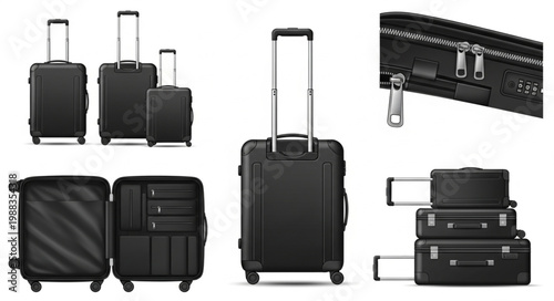 Set of black modern luggage with wheels and handles.