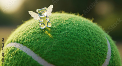 Tiny Iridescent-Winged Gummy Bear Hovering Over Colossal Fuzzy Tennis Ball in Macro Close-Up