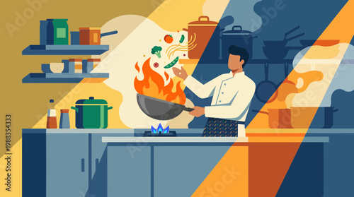 Professional Chef Cooking with Flaming Wok in Kitchen Illustration