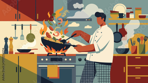 Professional Chef Cooking Stir Fry in Modern Kitchen Illustration