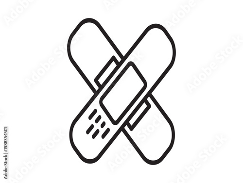 Two adhesive bandages crossed black and white line art illustration