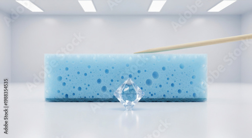 Colossal pastel blue kitchen sponge meticulously 'scrubbing' tiny floating ice cube with oversized toothpick in minimalist lab