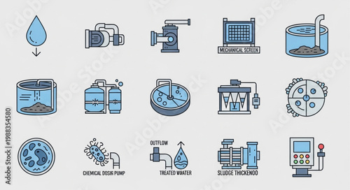 Water treatment plant equipment and processes illustration set.