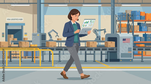 Woman Manager Overseeing Automated Logistics Warehouse with Tablet