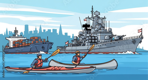 Kayakers Paddle Near Large Warship and Cargo Ship in Harbor.