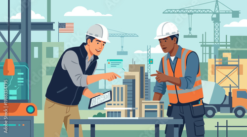 Engineers Reviewing Architectural Model on Active Construction Site