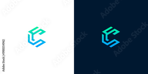Modern abstract geometric logo design with gradient effect on white and dark blue backgrounds