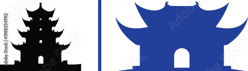 Traditional Asian pagoda and temple gate silhouettes vector illustration icons for travel and cultural heritage design