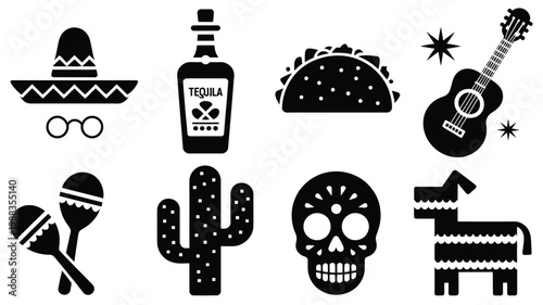 Festive cinco de mayo icons featuring a sombrero tequila bottle tacos guitar maracas cactus skull and piata in a seamless style grid