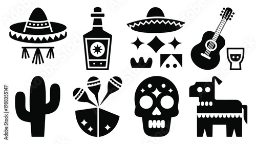 Bold seamless grid of cinco de mayo icons featuring sombrero tequila bottle maracas cactus skull piata and guitar in monochromatic black style
