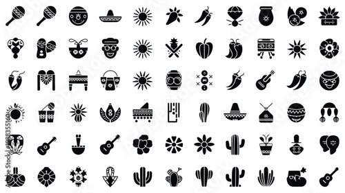 Clean vector icon grid showcasing traditional cultural symbols with bold black and white designs including maracas sombreros cacti sunbursts guitars and chili peppers in a festive