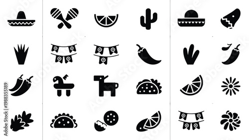 Minimalist black icon set featuring mexican fiesta elements sombrero maracas cactus taco chili donkey tequila lime and festive banners
