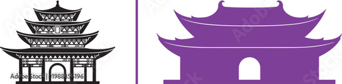 Set of Asian pagoda and temple silhouettes in black and purple vector illustration for cultural and travel design