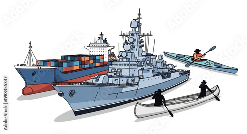 Various watercraft including a cargo ship a warship and kayaks.