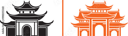 Traditional Asian Pagoda Temple Gate Icons in Black and Orange Vector Illustration for Travel and Culture