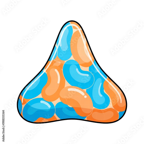 Blue and orange jelly beans in a clear candy bag illustration