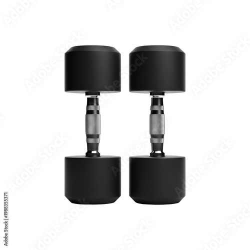 Professional black dumbbells with chrome handles, pair of heavy gym weights for strength training, fitness equipment on white background