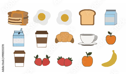 Assorted breakfast and snack items including drinks, pastries, and fruits