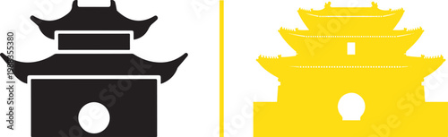 Chinese pagoda temple icons in black and yellow vector silhouette flat design for travel and cultural branding