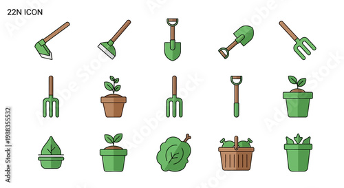 A collection of gardening tools, plants and vegetables in a charming flat icon style design
