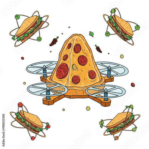 Futuristic food delivery pizza drone and atomic sandwiches