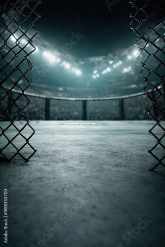 Empty MMA cage arena with dramatic lighting and copy space