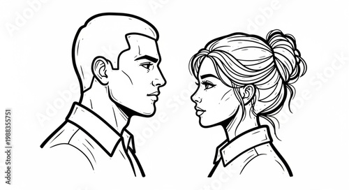 Man and Woman Profile Silhouette Facing Each Other.