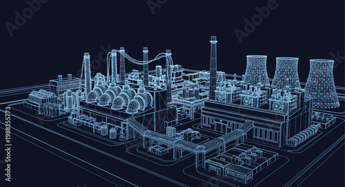 Digital rendering of a large industrial complex at night.