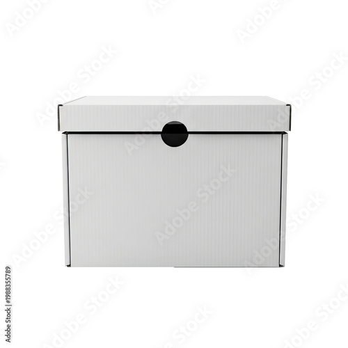 White cardboard box with lid isolated on white background, blank corrugated paper storage container, clean mailing package for shipping and delivery