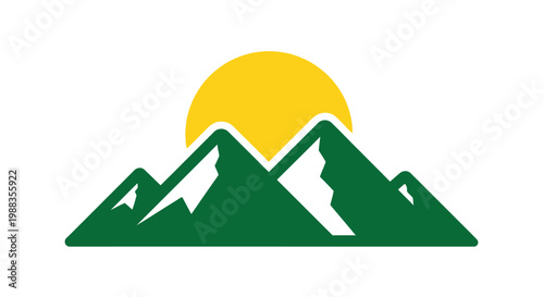 A graphic emblem of majestic mountains with a radiant sun rising above the peaks