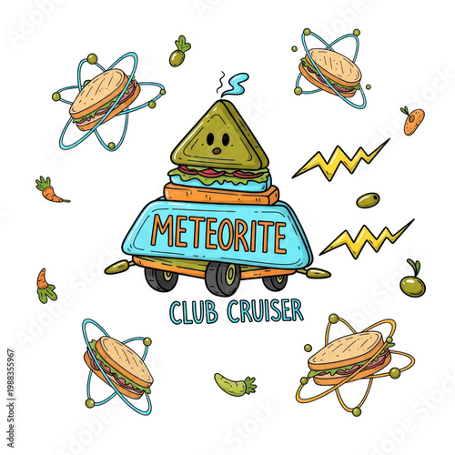 Cartoon sandwich meteorite club cruiser with orbiting snacks