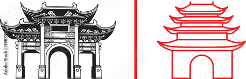 Traditional Chinese gate and pagoda vector illustration set featuring detailed black and red outline icons for Asian cultural travel and heritage design