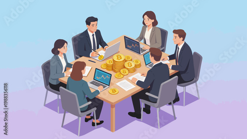 Business meeting with digital currency