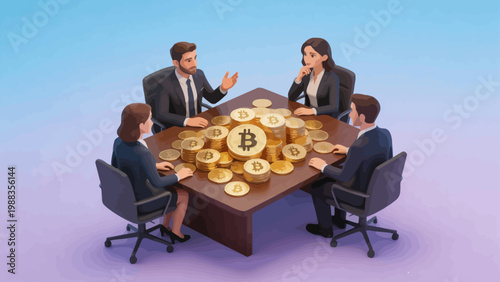 Business meeting with cryptocurrency coins