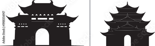 Traditional Asian temple and pagoda gate silhouettes vector illustration for cultural travel and architectural design