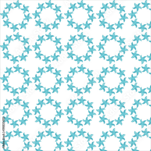 Blue starfish wreath seamless pattern. Vector nautical background with repeating circular sea star ornaments, ocean marine wallpaper for textile and summer design.