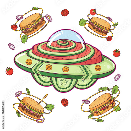 UFO Sandwich Spaceship with Floating Burgers